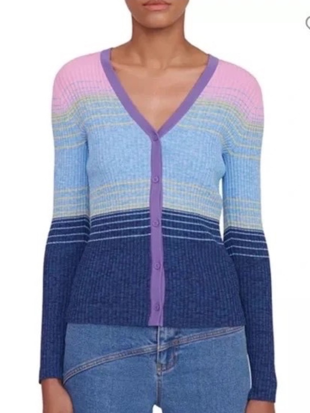 NEW! Staud Cargo Ribbed Colorblocked Cardigan Knit Blue Multi Stripe Small $175